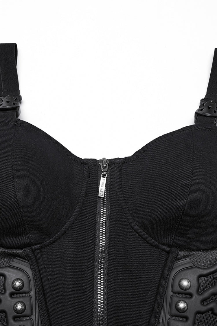 Studded Lace-Up Sleeveless Punk Gilet with Buckles - NoirEdge