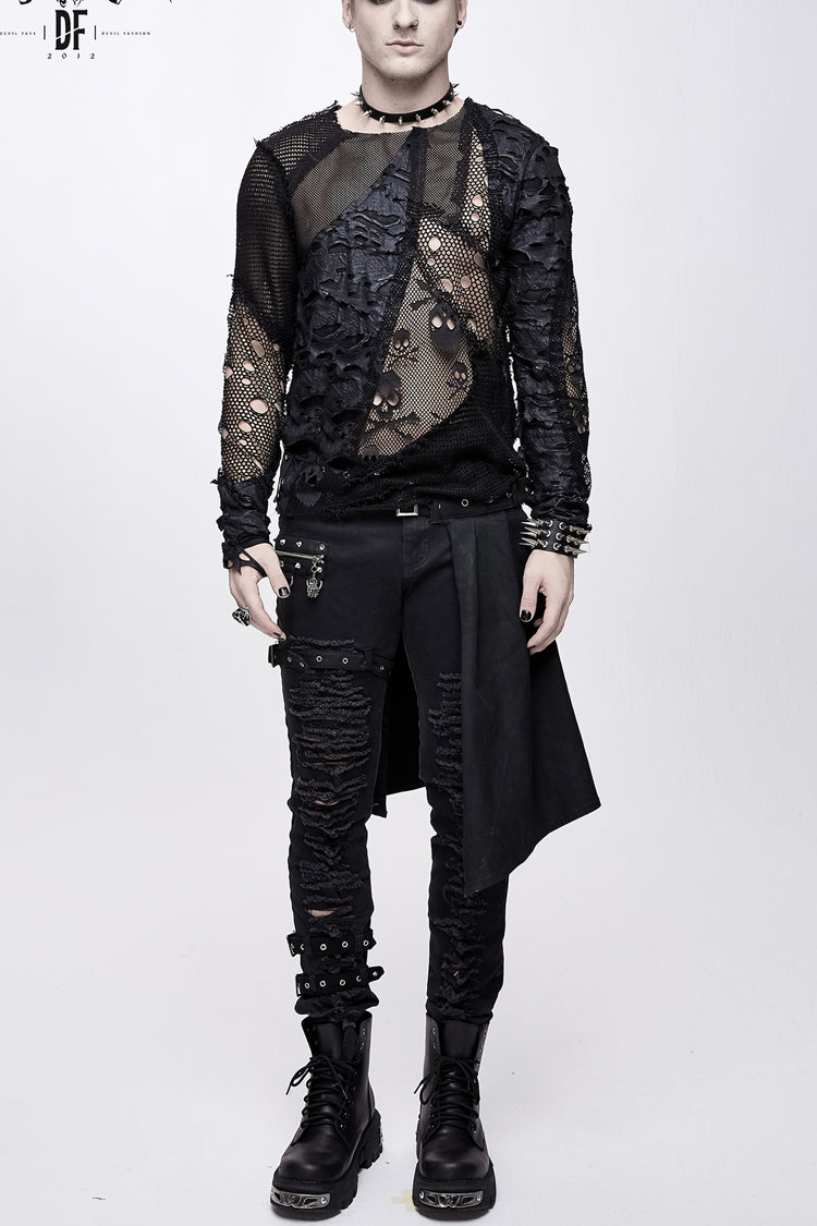 Punk T-Shirt for Men with Mesh Stitching and Round Collar