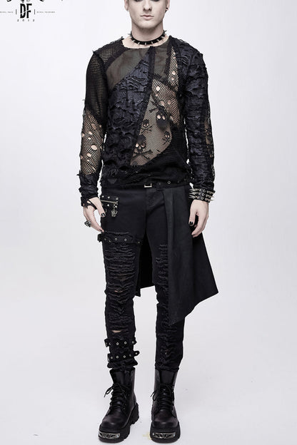 Punk T-Shirt for Men with Mesh Stitching and Round Collar