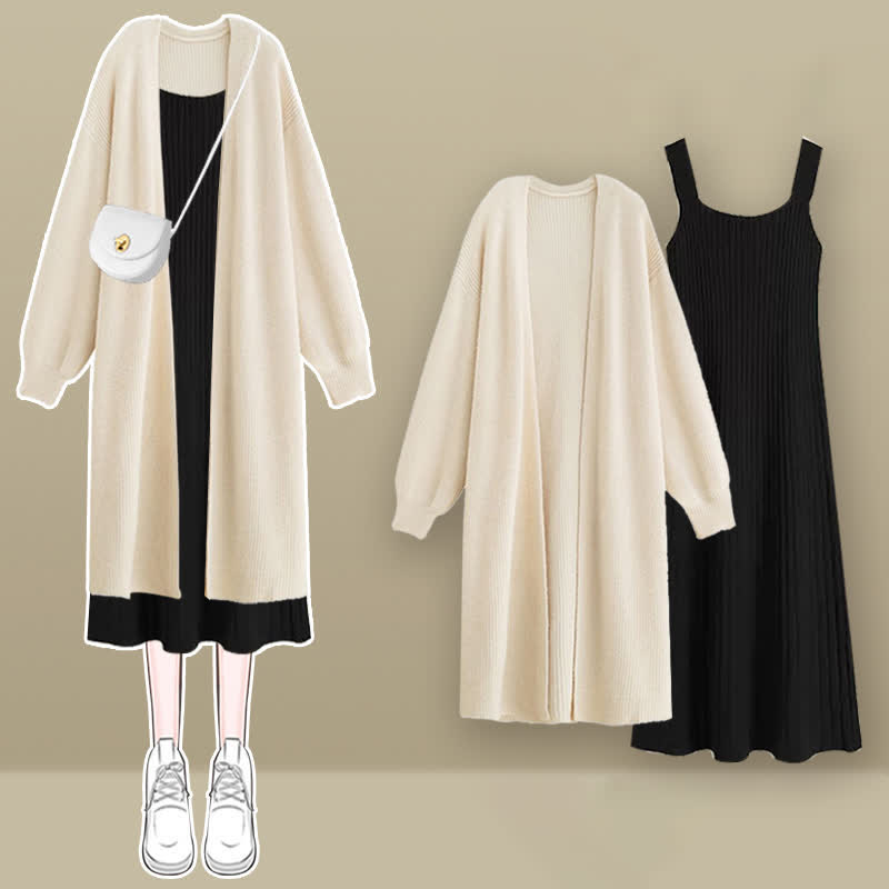 Chic Knit Cardigan Outerwear Slip Dress Set