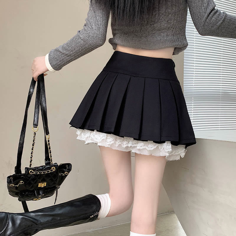 Bow Lace Slim High Waist Pleated Skirt