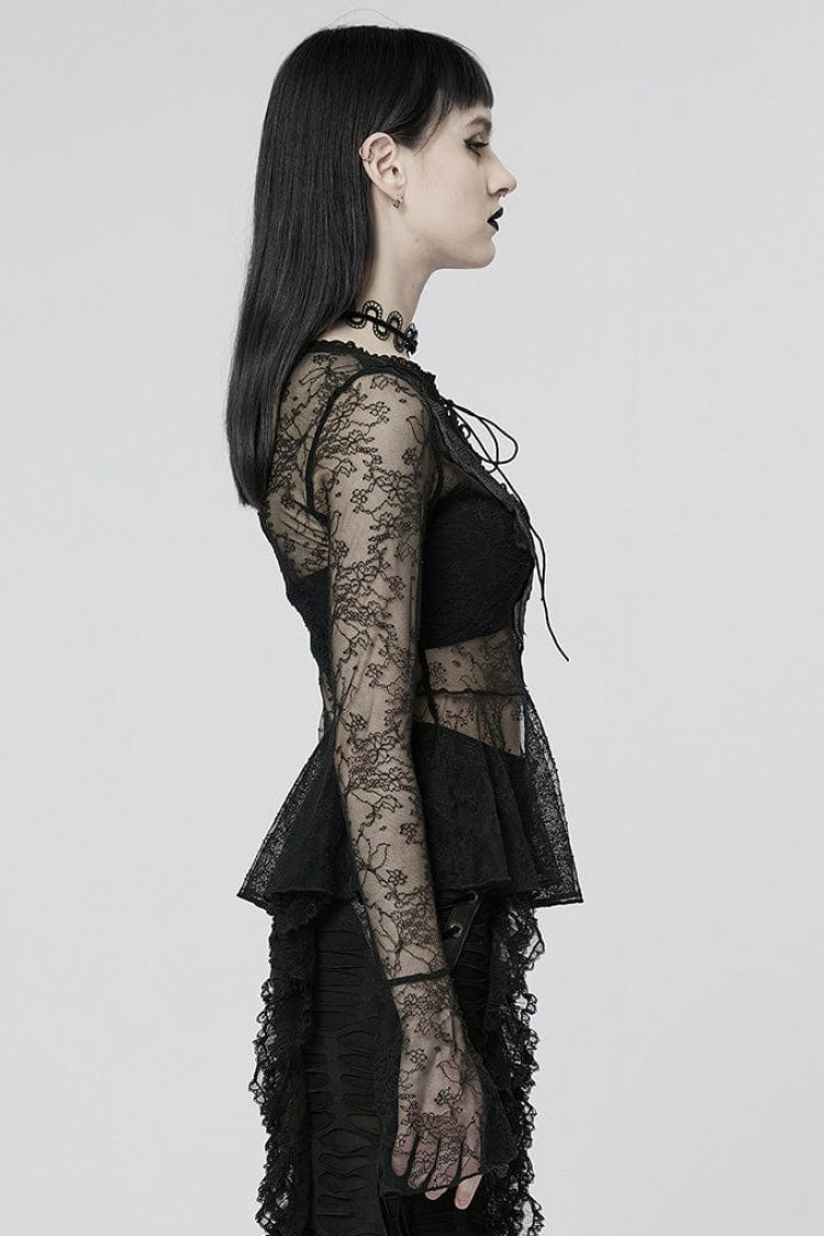 Sheer Lace T-Shirt with Flared Sleeves - Goth Style
