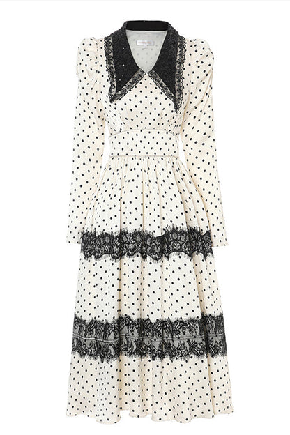Doll-Collar Vintage Lace Patchwork Polka Dot Print Long-Sleeved High-Waisted Sweet Lolita OP Dress in Beige and Black