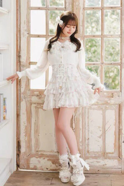 Multi-Layer Printed Ruffle Bow Sweet Dress Three Colors
