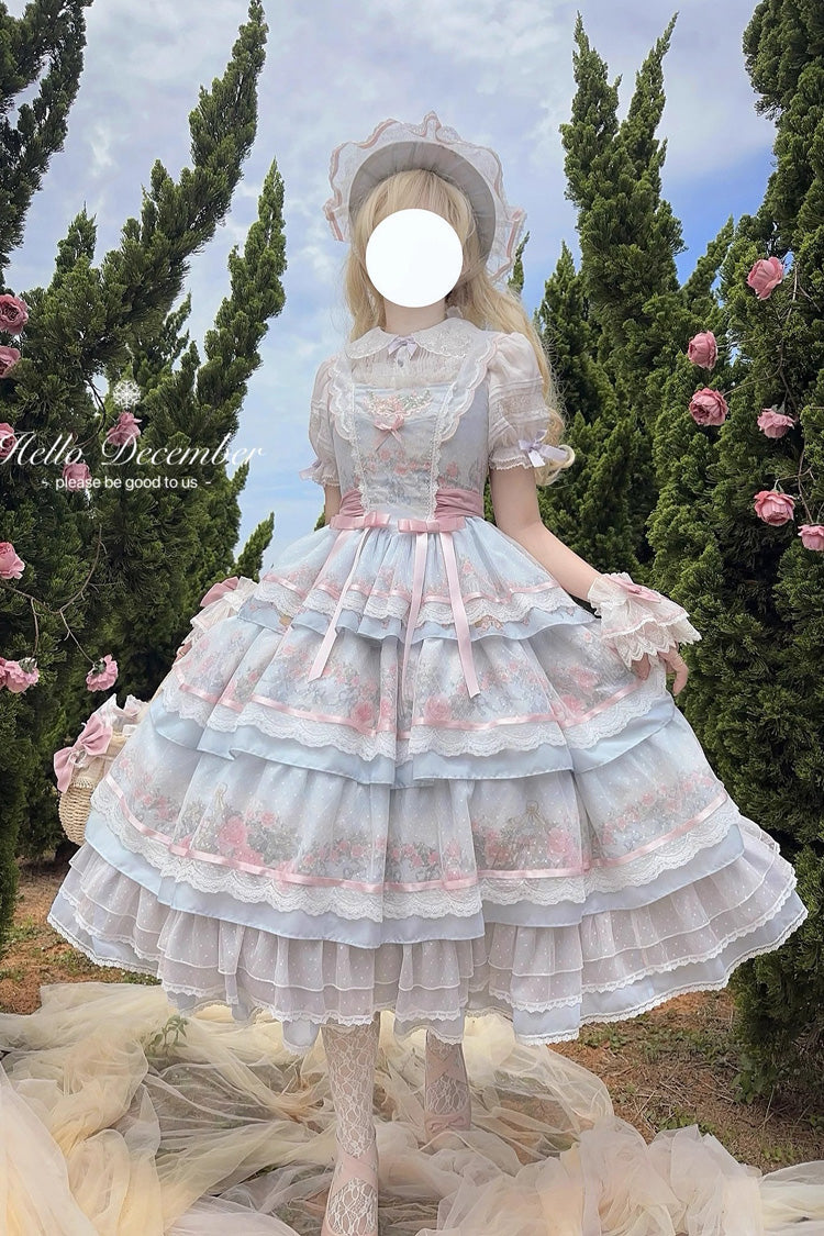 Multicolor Rose Flower Cage Print Triple Ruffle Bow Dress