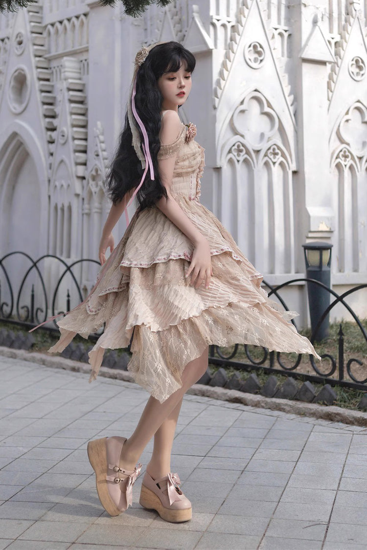 Golden Sleeveless High-Waist Printed Asymmetric Sweet JSK