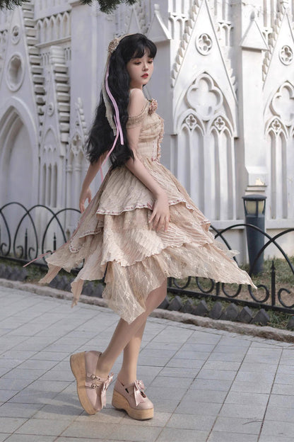Golden Sleeveless High-Waist Printed Asymmetric Sweet JSK
