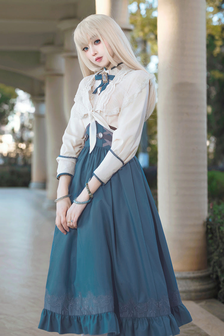 Blue Ruffle Embroidered Lace-Up Sweet College Elegant Lolita Skirt