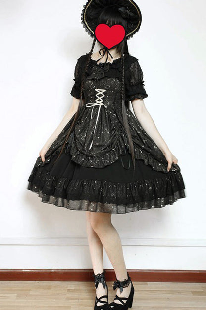 Gothic Lolita Wishing Stars Double-Layered Ruffle Lace-Up JSK Dress