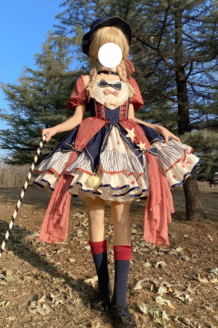 Circus Theme Short-Sleeved Layered Print Ruffled Bow Sweet Dress