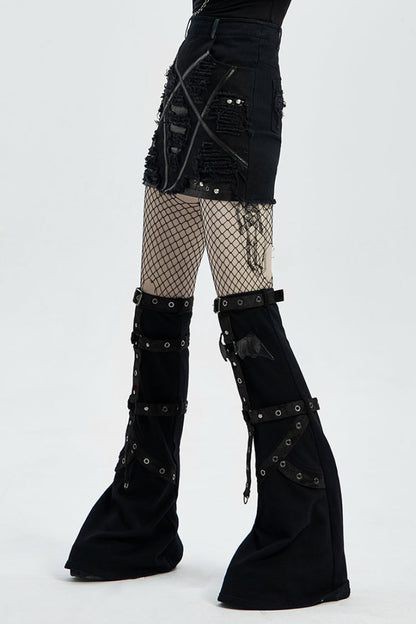 Steampunk Women's Skirt with Slim Fit Ripped Metal Nail Embellishments and Star Print