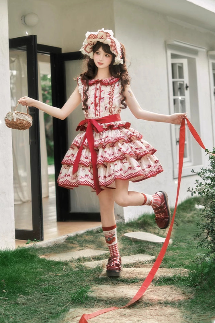 Crimson Three-Tier Cherry Print Ruffle Sweet Lolita Skirt Ensemble