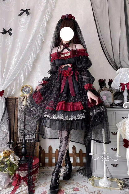 Perlia's Night Ruffled Open-Front Lolita Dress - Noir