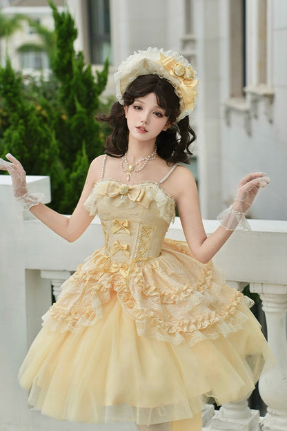 Sissi's Pilgrimage Off Shoulder Ruffle Bow Lace Sweet Lolita Short Skirt in Yellow
