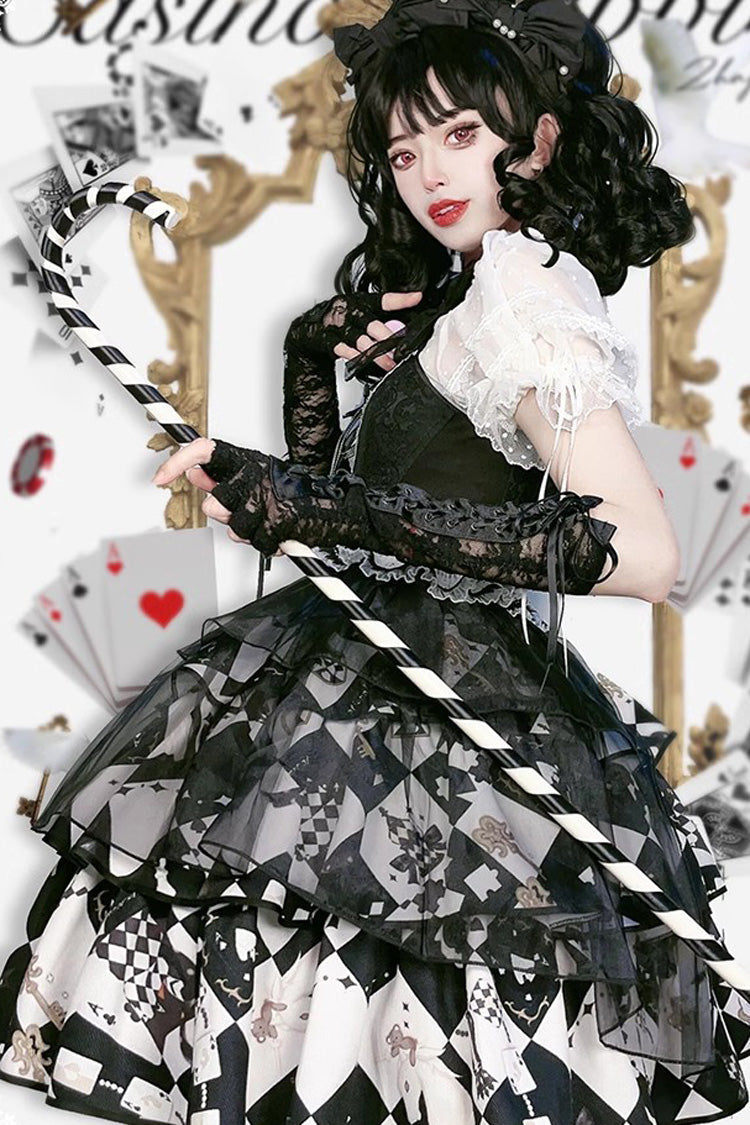 Black White Board Games Triple-Layer Print Ruffle Vintage Lolita Skirt