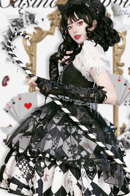 Black White Board Games Triple-Layer Print Ruffle Vintage Lolita Skirt