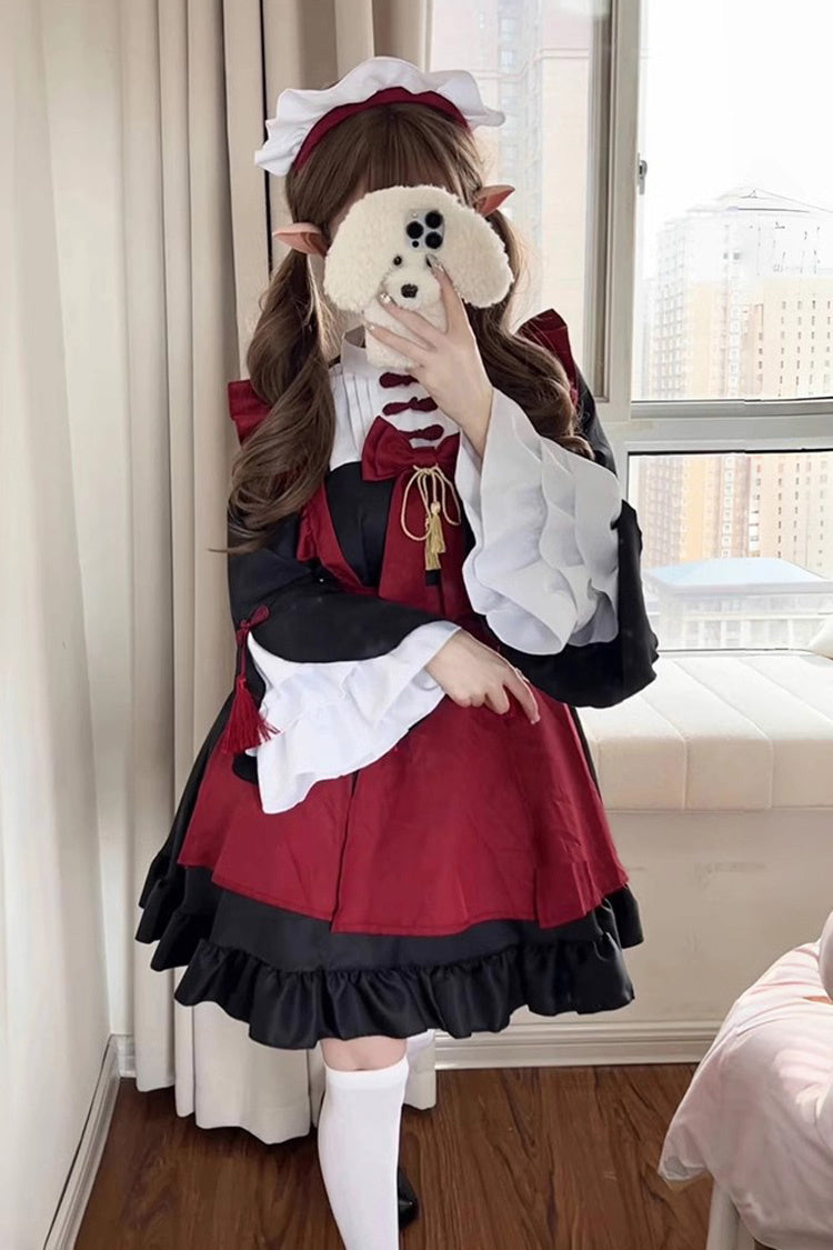 Black and Crimson Maid Long Trumpet Sleeves Ruffle Bow Classic Plus Size Chinese Lolita Set