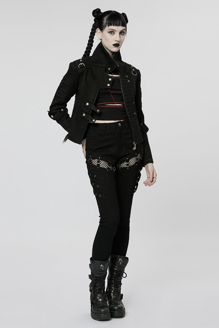 Dark Mesh Buckle-Trimmed Steampunk Pants with Hardware Accents