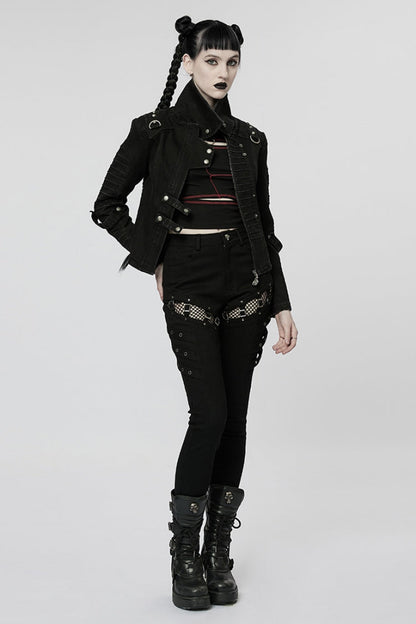 Dark Mesh Buckle-Trimmed Steampunk Pants with Hardware Accents