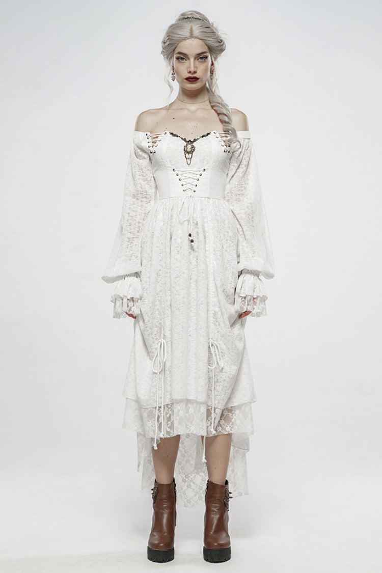 Ivory Off-Shoulder Puff Sleeve Mesh Gothic Gown