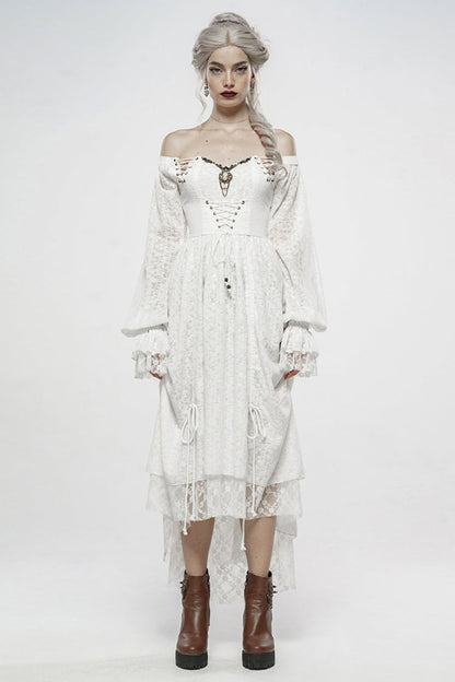Ivory Off-Shoulder Puff Sleeve Mesh Gothic Gown