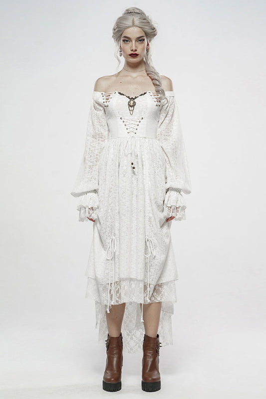 Ivory Off-Shoulder Puff Sleeve Mesh Gothic Gown