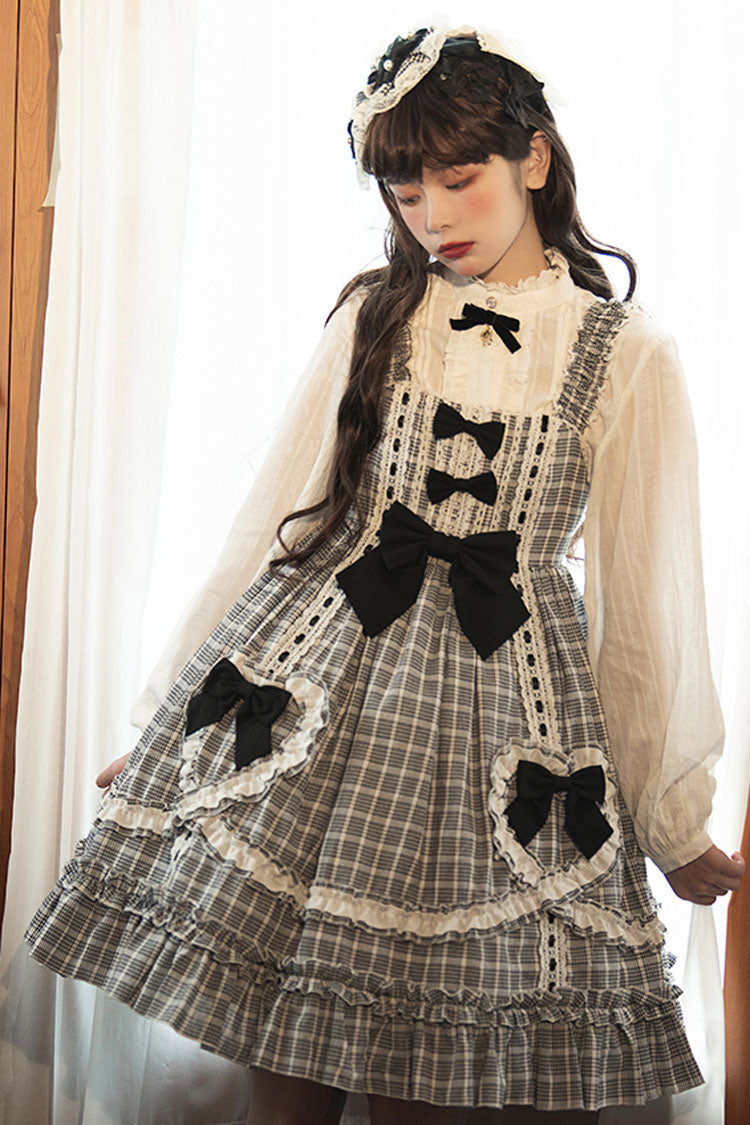 Black/White High-Waist Sweet Lolita JSK with Bow and Plaid Ruffles