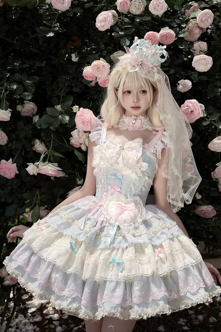 Sweet Lolita JSK Dress with Square Collar and Multi-Layered Ruffled Bow Lace