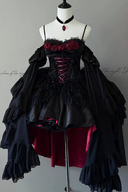 Blood Feast Halloween Off-Shoulder JSK Dress with Ruffles - Noir