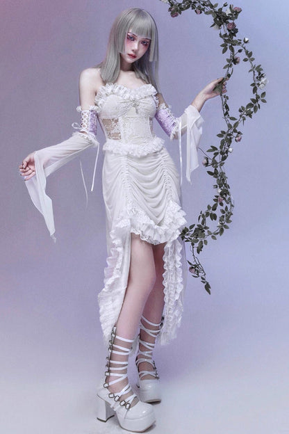 Drawstring Gothic JSK Dress with Ruffled Embroidery and Pleated Lace - Redemption of the Deity