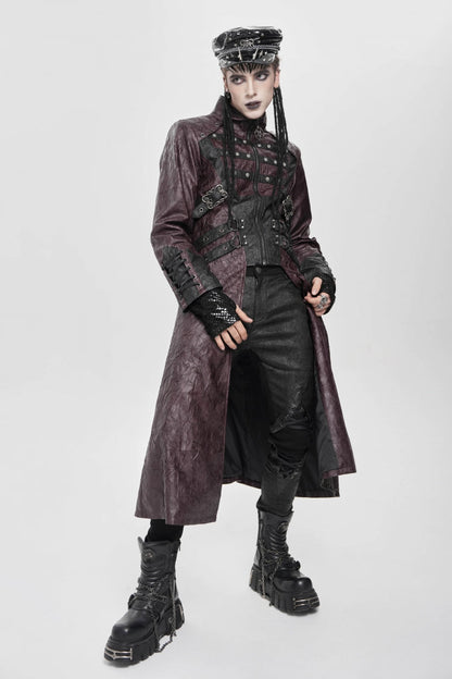 Crimson Mandarin Collar Zip Strap Eyelet Men's Punk Coat