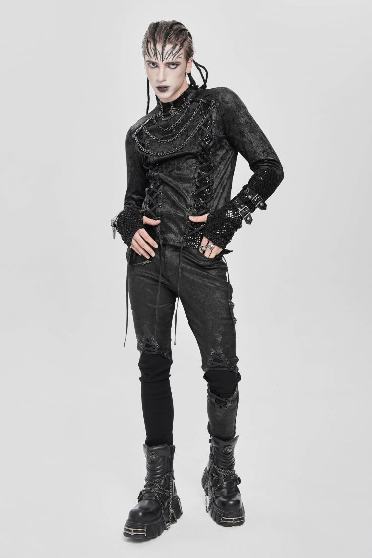 Men's Punk Blouse with Lace-Up Front and Chain Accents