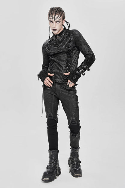 Men's Punk Blouse with Lace-Up Front and Chain Accents