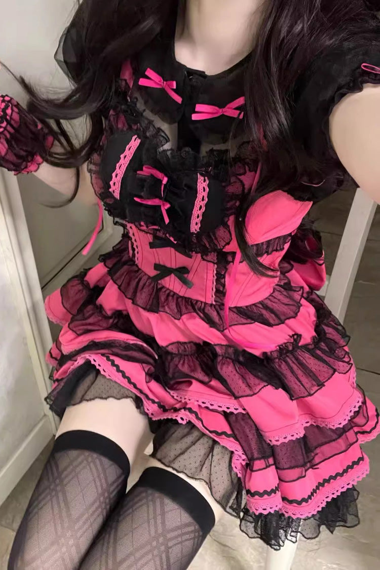 Rose Pink Layered Bow Lace Sweet Lolita Dress