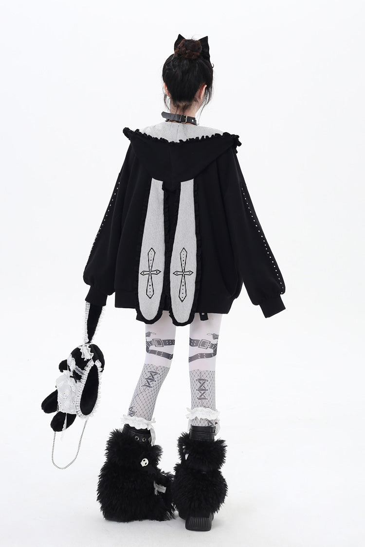 Striped Bunny Ear Hooded Heart Print Embroidery Coat Two Colors