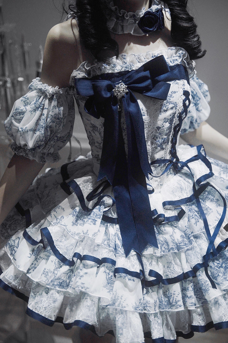 Blue White Sleeveless Multi-Layered Print Bowknot Fishbone Sweet Classic Chinese Style Lolita Jsk Short Dress