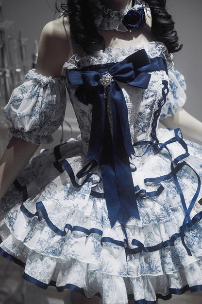 Blue White Sleeveless Multi-Layered Print Bowknot Fishbone Sweet Classic Chinese Style Lolita Jsk Short Dress