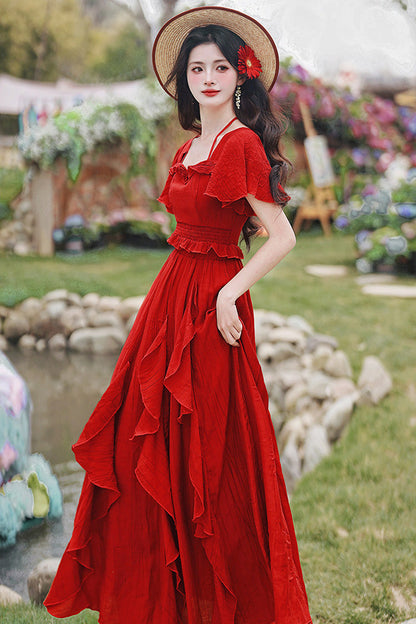 Red Square Collar Halter Short Sleeves High Waist Ruffle Gothic Vintage Lolita Long Skirt Set