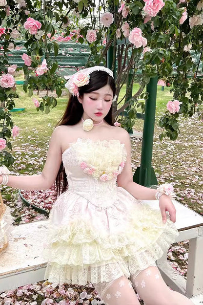 Pink Floral Love Ruffle Bow Lace Elegant Lolita Dress Set