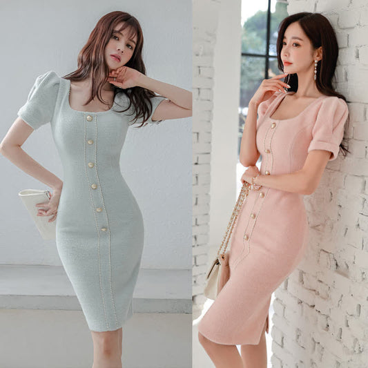 Slim Square Collar Pearl Button Front Office Dress