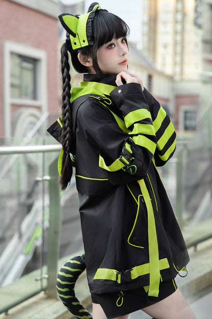 Cat Ear Hooded Jirai Kei Long Sleeve Coat in Yellow Green Black
