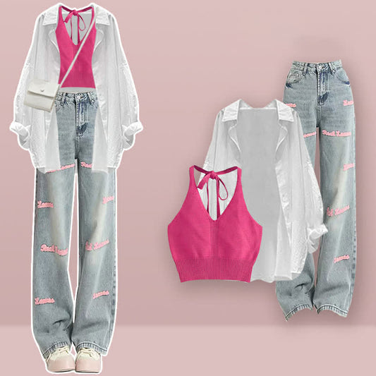 Pink Halter Shirt Denim Pants Laple Top Loose Embroidery Letter