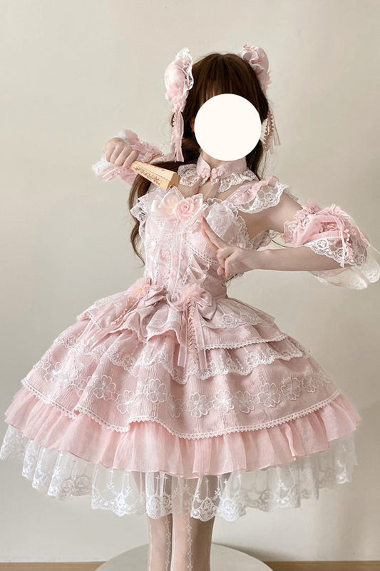 Pink Rain of Peaches Sleeveless Multi-Layered Bowknot Lace Sweet Chinese Style Lolita Jsk Dress