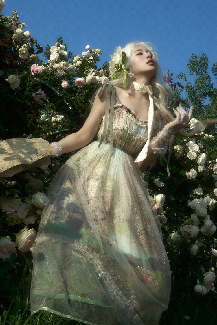 Emerald Oil Painting Spring Sleeveless Print Ruffle Bowknot Lace Sweet Lolita JSK