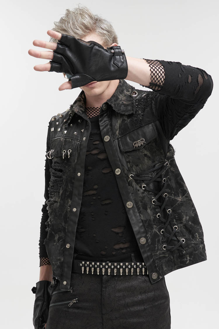 Men's Punk Vest with Skull Sheep Print and Tie-Dye Accent