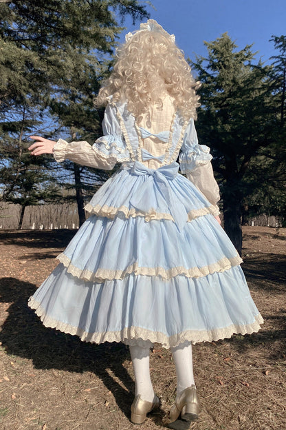 Blue Lapel-Collar Long-Sleeved High-Waisted Multi-Layer Bow-Trim Sweet Lolita Dress