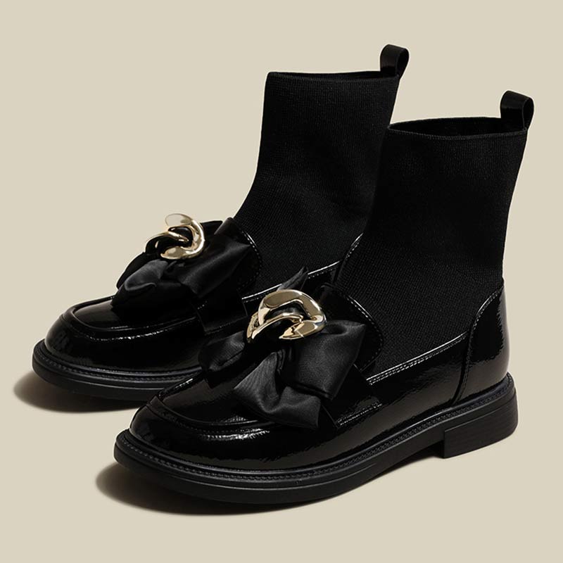 Bottines en cuir à enfiler avec nœud noir