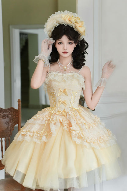 Sissi's Pilgrimage Off Shoulder Ruffle Bow Lace Sweet Lolita Short Skirt in Yellow