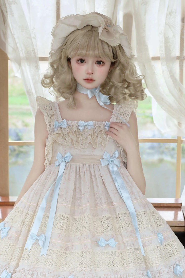 Little Wind Chime Sleeveless Multi-Layered Printed Ruffled Bow Lace Sweet Elegant Princess Lolita JSK Dress in Beige