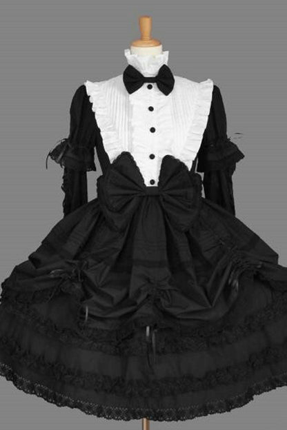 Black and White Multi-Layer Gothic Lolita Dress with Bowknot and Ruffled Collar